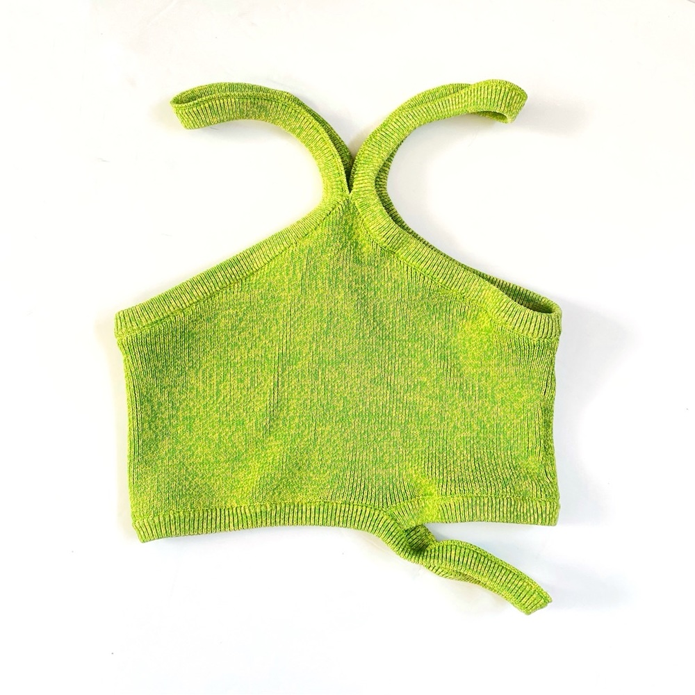 SOLID & STRIPED CONDY GREEN YELLOW HALTER NECK SIDE STRAP CROP TOP